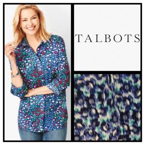 Talbots Cotton Button Front Blue Floral Shirt
